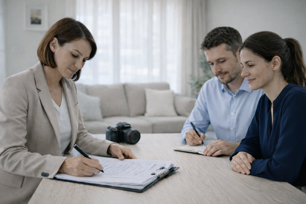especialista de recursos humanos realizando estudio socioeconómico y verificación de información laboral durante entrevista domiciliaria