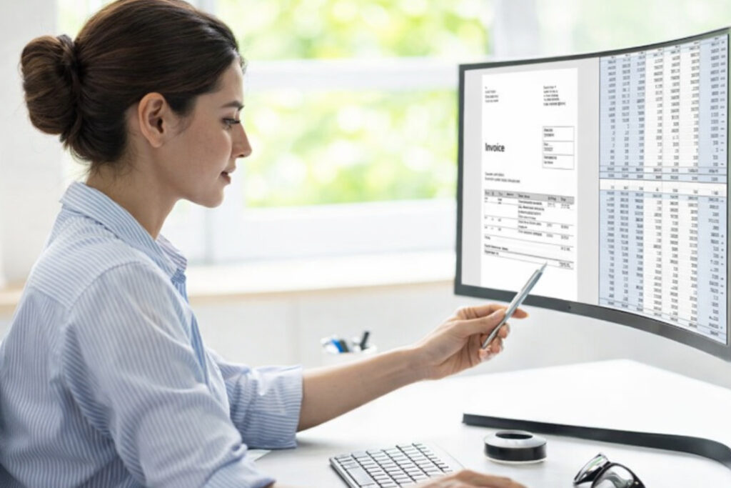 especialista de recursos humanos revisando cálculo de nómina y recibos salariales en computadora